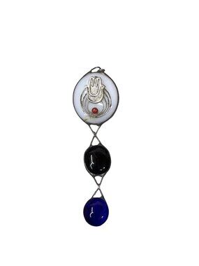 Handcrafted Glass Pendant Brooch Pin Hamsa Hand Black & Blue Cabochons Large 4"